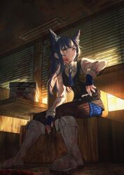  absurdres animal_ears arknights between_fingers black_vest blood blood_on_clothes blood_on_face blood_on_hands bolo_tie boots box brown_pantyhose cardboard_box cigarette closed_mouth collared_shirt commentary day english_commentary female fingerless_gloves full_body gloves grey_boots highres holding holding_cigarette indoors knee_boots long_hair long_sleeves looking_at_viewer mrsillust multicolored_eyes pantyhose purple_eyes purple_gloves purple_hair purple_shorts shirt short_shorts shorts sitting solo sunlight texas_(arknights) texas_the_omertosa_(arknights) two-tone_eyes vest white_shirt wolf_ears wolf_girl yellow_eyes 