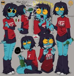  2025 amphibian anthro blue_body bodily_fluids bottomwear breasts clothed clothed_anthro clothed_female clothing digital_drawing_(artwork) digital_media_(artwork) directional_arrow emoji eyewear female female_anthro fingers foaming_at_mouth footwear forced_smile frog front_view glasses glup grey_background hair hi_res lips markings mole_(marking) mouth_closed non-mammal_breasts open_mouth purple_tongue red_clothing red_shirt red_topwear round_glasses shirt shoes simple_background skirt solo speech_bubble sweat teeth tongue topwear wearing_glasses zul_(zzzilart) zzzilart 