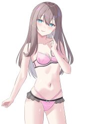  :q absurdres aqua_eyes arm_at_side bow bow_bra bow_panties bra breasts brown_hair cleavage closed_mouth collarbone commentary_request cowboy_shot double-parted_bangs female hair_between_eyes hand_up highres long_bangs long_hair medium_breasts navel original panties pink_bra pink_panties plasmadaikon simple_background solo standing stomach tongue tongue_out underwear underwear_only white_background 