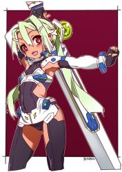  armpits black_gloves black_leotard black_thighhighs breasts bunbun clothing_cutout commentary_request contrapposto cowboy_shot female fingerless_gloves gloves green_hair hair_intakes hair_ornament hairclip hip_vent holding holding_sword holding_weapon huge_weapon leotard microskirt open_mouth original outstretched_arm red_eyes signature skirt small_breasts smile solo sword tan thighhighs twintails weapon 