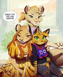  accessory anina_(ruffu) anthro belt blonde_hair bottomwear bracelet brown_hair clothing collar crossed_legs denim denim_bottomwear denim_clothing detailed_background digital_drawing_(artwork) digital_media_(artwork) dress ear_piercing ear_ring facial_markings felid feline female flower flower_in_hair fur green_eyes group group_photo hair hair_accessory head_markings head_tuft holding_another hug hugging_another jeans jersey jewelry kristina_(ruffu) lion long_hair long_sleeves looking_at_viewer mammal markings mole_(marking) mole_under_eye necklace open_mouth pantherine pants pepper_(ruffu) piercing plant pointy_ears pupils red_eyes ring_piercing round_ears ruffu serval shirt short_hair sitting slit_pupils smile snout spots spotted_body spotted_fur striped_markings stripes topwear torn_bottomwear torn_clothing torn_jeans torn_pants trio tuft yellow_body yellow_eyes yellow_fur 