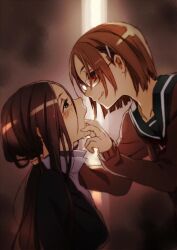  2girls black_eyes black_jacket black_sailor_collar brown_cardigan brown_hair bunbun cardigan commentary_request drooling finger_in_another&#039;s_mouth glasses hair_ornament hairclip jacket multiple_girls open_mouth original red_eyes sailor_collar saliva school_uniform serafuku smile tears tongue tongue_out yuri 