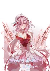  absurdres arms_behind_back beret breasts chinese_commentary cleavage commentary_request diamond-shaped_pupils diamond_(shape) dress earrings elf elysia_(hi_love_elf)_(honkai_impact) elysia_(honkai_impact) female happy_birthday hat heart heart_earrings highres honkai_(series) honkai_impact_3rd jewelry large_breasts long_hair multicolored_dress multicolored_hair pink_dress pink_hair pointy_ears purple_eyes qianci15100 red_dress smile solo symbol-shaped_pupils thighhighs two-tone_hair very_long_hair white_background white_dress white_hair white_thighhighs 
