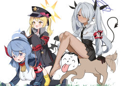  3girls :d absurdres afterimage ako_(blue_archive) all_fours animalization arm_at_side armband barefoot bell black_gloves black_hat black_necktie black_ribbon black_skirt black_thighhighs blonde_hair blue_archive blue_eyes blue_hair blue_halo blush boots bow breasts buttons canine closed_mouth collared_shirt commentary cowbell dark-skinned_female dark_skin demon_girl demon_tail demon_wings dog_tail doodle_sensei_(blue_archive) double-breasted exhausted feet frown full_body gloves grey_hair hair_between_eyes hair_over_one_eye hair_ribbon halo happy hat hat_bow high-waist_skirt highres ibuki_(blue_archive) imminent_licking iori_(blue_archive) jinmenken large_breasts long_hair long_sleeves looking_ahead low_wings mochini motion_lines multiple_girls neck_bell necktie one_eye_covered open_mouth pink_bow pleated_skirt pointy_ears purple_halo red_armband red_eyes red_ribbon ribbon school_uniform sensei_(blue_archive) shirt sideboob sidelocks simple_background sitting skirt sleeves_past_fingers sleeves_past_wrists smile straight_hair sweat tail tail_raised tail_wagging thighhighs thighs tongue tongue_out tsurime twintails v-shaped_eyebrows very_long_hair white_background white_shirt wide_sleeves wings yellow_boots yellow_eyes yellow_halo 
