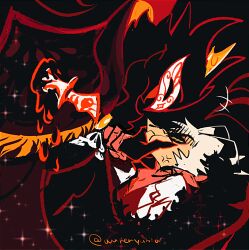  2boys blood blood_on_knife demon_boy demon_horns furry furry_male furry_with_non-furry hellaverse helluva_boss horns interspecies knife male_focus multiple_boys owl_boy paimon_(helluva_boss) stab striker_(helluva_boss) white_hair wurenyubia 