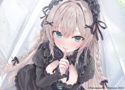  :d aqua_eyes artist_name black_dress black_hairband black_ribbon blonde_hair blush braid breasts character_request commentary_request copyright_notice copyright_request dress female finger_to_mouth frilled_hairband frills hair_ribbon hairband highres index_finger_raised indoors long_hair looking_at_viewer maruro medium_breasts official_art open_mouth ribbon second-party_source shushing smile solo twin_braids 