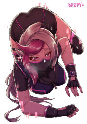  artist_name ass belt bessho_emma black_gloves blush bodysuit breasts cleavage colored_bangs female fingerless_gloves full_body ghost_girl_(yu-gi-oh!_vrains) gloves grey_eyes grey_hair highres large_breasts long_hair looking_at_viewer mask mibry_(phrysm) mouth_mask multicolored_hair pink_hair simple_background solo sweat thighhighs thighs two-tone_hair white_background yu-gi-oh! yu-gi-oh!_vrains 