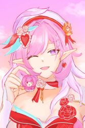  ;o beret breasts cleavage commentary cupcake diamond-shaped_pupils diamond_(shape) dress elf elysia_(hi_love_elf)_(honkai_impact) elysia_(honkai_impact) english_commentary female food hat highres holding holding_food honkai_(series) honkai_impact_3rd large_breasts long_hair looking_at_viewer multicolored_hair one_eye_closed pink_hair pink_sky pointy_ears purple_eyes red_dress sky smile solo symbol-shaped_pupils two-tone_hair upper_body very_long_hair white_hair yakmeephuawkaa 