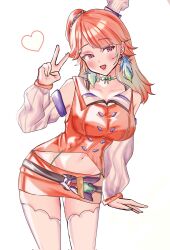  breasts earrings feather_earrings feathers female floralcorner green_hair hat highres hololive hololive_english jewelry long_hair looking_at_viewer multicolored_hair open_mouth orange_hair purple_eyes smile solo takanashi_kiara takanashi_kiara_(1st_costume) v virtual_youtuber 