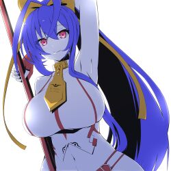  absurdres antenna_hair backless_outfit backlighting bare_shoulders blazblue blazblue:_central_fiction blazblue:_cross_tag_battle blazblue_variable_heart blue_hair bow breasts female gloves hair_between_eyes hairbow halterneck highres huge_breasts long_hair looking_at_viewer mai_natsume midriff navel no_bra nowatchi outseal polearm ponytail ribbon sideboob sidelocks smile solo weapon yellow_bow 