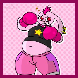  absurd_res anthro bemani bottomwear boxing_gloves chocky_(pop&#039;n_music) clothing collar dotted_background ear_piercing ear_ring handwear hi_res konami lagomorph leporid male mammal mohawk pattern_background piercing pop&#039;n_music rabbit ring_piercing shirt shorts simple_background smile solo spiked_collar spikes thefreshsig topwear 