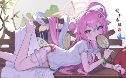  ahoge bangle bench blonde_hair blue_archive blush bracelet breasts china_dress chinese_clothes covered_navel double_bun dream_of_pears dress female flower hair_between_eyes hair_bun hair_ornament halo hashtag-only_commentary heterochromia highres holding hoshino_(blue_archive) hoshino_(flowery_charms)_(blue_archive) jewelry long_hair looking_at_viewer lying mahjong_soul oerba_yun_fang petals pink_hair short_sleeves skin_fang small_breasts snake solo star_(symbol) star_hair_ornament very_long_hair white_dress white_flower white_snake yellow_eyes 