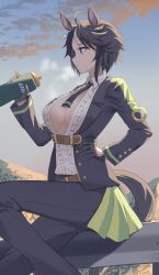  ahoge animal_ears belt black_gloves black_hair black_jacket black_necktie black_pants blue_eyes bottle breasts breath brown_belt center_frills center_opening collared_shirt ear_ornament ear_piercing female frilled_shirt frills fuji_kiseki_(shooting_star_revue)_(umamusume) fuji_kiseki_(umamusume) gloves hair_between_eyes highres holding holding_bottle horse_ears horse_girl horse_tail jacket large_breasts long_sleeves multicolored_hair necktie no_bra outdoors pants piercing profnote shirt short_hair sitting sky solo sports_bottle sweat tail umamusume water_bottle white_hair white_shirt 