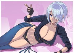  angel_(kof) aohadapeach backless_pants blue_eyes boots bra breasts chaps cleavage cowboy_boots crop_top cropped_jacket female fingerless_gloves gloves hair_over_one_eye highres index_fingers_raised jacket large_breasts leather leather_jacket looking_at_viewer midriff navel panties pants short_hair simple_background smile snk solo strapless strapless_bra the_king_of_fighters the_king_of_fighters_2001 the_king_of_fighters_xiv the_king_of_fighters_xv toned toned_female underwear white_hair 