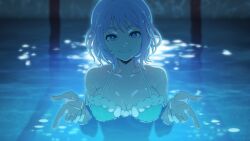  absurdres bikini blue_bikini blue_eyes blue_hair boku_no_hero_academia breasts chainsaw_man closed_mouth female hado_nejire highres i&#039;ll_teach_you_everything_(chainsaw_man) kyochakocchis large_breasts looking_at_viewer partially_submerged scene_reference smile solo swimsuit wet wet_hair 