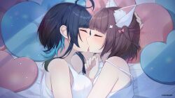  2girls animal_ear_fluff animal_ears black_hair blue_hair blush brown_hair camisole cat_ears closed_eyes colored_inner_hair commentary_request heart heart-shaped_pillow highres indie_virtual_youtuber kisaragi_shiroru kisaragi_shiroru_(vtuber) kissing multicolored_hair multiple_girls pillow short_hair strap_slip suzumura_udzuki white_camisole yuri 