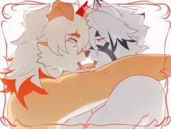  absurdres animal_ears arknights blewdiner colored_tips english_commentary french_kiss from_side furry furry_male highres horns hung_(arknights) kissing komainu_boy komainu_ears looking_at_another male_focus multicolored_hair profile saliva saliva_trail single_horn tongue tongue_out topless_male von_lycaon wolf_boy wolf_ears yaoi zenless_zone_zero 