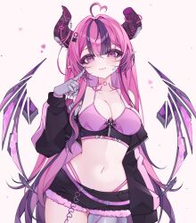  absurdres bikini black_hair black_shorts breasts broken_horn cleavage closed_mouth collarbone commentary demon_girl demon_horns detached_wings female hair_ornament highres horns indie_virtual_youtuber ironmouse mole mole_under_eye multicolored_hair navel pink_bikini pink_eyes pink_hair pointy_ears rinne_(rinne_oi) short_shorts shorts solo stomach streaked_hair swimsuit symbol-only_commentary virtual_youtuber wings zipper 