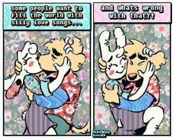  2_panel_comic aloha_shirt anthro bingus_(rawdawgcomics) bird_dog bow_tie canid canine canis cheek_spots closed_eyes clothing domestic_dog duo english_text floppy_ears fur golden_retriever hunting_dog kissing lagomorph leporid male mammal narration overalls pattern_clothing pattern_shirt pattern_topwear rabbit rawdawgcomics retriever shirt smile stahli_(rawdawgcomics) text topwear white_body white_fur yellow_body yellow_fur 