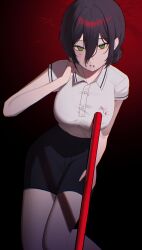  13_(jjusan13) absurdres black_background black_hair black_shorts blood blood_from_mouth blood_on_clothes breasts chainsaw_man female gradient_background green_eyes hair_between_eyes hair_bun highres impaled large_breasts looking_at_viewer polo_shirt red_background reze_(chainsaw_man) shirt shorts solo white_shirt 