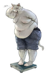  2025 absurd_res anthro barefoot belly belly_overhang bent_over big_belly black_clothing black_underwear blue_bottomwear blue_clothing blue_pants bottomwear cettus clothed clothing domestic_cat fat_rolls feet felid feline felis hair hairless hairless_cat hakon_brandvold hi_res implied_weight_gain looking_down male mammal moobs navel nipples number obese obese_anthro obese_male open_mouth overweight overweight_anthro overweight_male pants partially_clothed peterbald shorts simple_background solo speech_bubble standing stretch_marks tail text topless underwear weighing_scale white_background white_body white_hair 