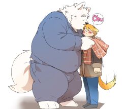  2025 anthro blush bottomwear canid canine canis closed_eyes clothing domestic_dog duo hi_res inunoshippo kemono kissing male mammal overweight overweight_male pants scarf simple_background size_difference standing sweater topwear 