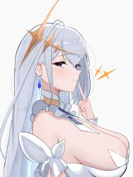  absurdres argar_demo azur_lane bare_shoulders blue_eyes blue_gemstone blush breasts choker cleavage collar commentary_request dress emden_(azur_lane) female finger_to_mouth flower frilled_collar frilled_sleeves frills from_side gem hair_ornament highres jewelry large_breasts long_hair looking_at_viewer simple_background single_sidelock smile solo upper_body white_background white_choker white_dress white_hair 