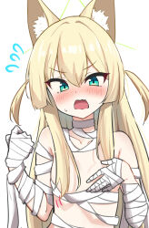  alternate_costume animal_ear_fluff animal_ears bandaged_arm bandaged_chest bandaged_neck bandages bare_shoulders blonde_hair blue_archive blush breasts commentary_request convenient_censoring covering_breasts covering_privates embarrassed female flying_sweatdrops fox_ears fox_girl green_eyes green_halo hair_between_eyes hair_censor halloween_costume halo hands_up highres kurumi_(blue_archive) long_hair looking_at_viewer mummy_costume naked_bandage nose_blush nuporaimu oerba_yun_fang open_mouth sidelocks skin_fang small_breasts solo straight_hair triangle_halo two_side_up upper_body v-shaped_eyebrows very_long_hair wardrobe_malfunction wavy_mouth 