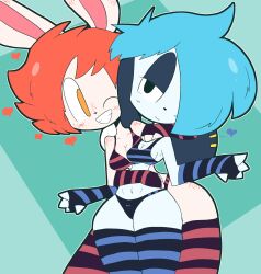  2024 anthro armwear black_eyes black_eyeshadow blue_hair blush blush_lines bosho_(usagibun1) breasts cleavage clothed clothing digital_media_(artwork) duo elbow_gloves eyeshadow female fingerless_gloves freckled_ears freckled_face freckled_legs freckled_shoulders freckled_thighs freckles fur gloves green_background hair handwear heart_symbol hi_res hug hugging_another hugging_from_behind lagomorph leporid makeup mammal matching_clothing matching_outfits matching_underwear medium_breasts navel one_eye_closed one_eye_obstructed orange_hair piercing rabbit rylee_(usagibun1) side_boob simple_background small_breasts smile thick_thighs underwear usagibun1 white_body white_fur wide_hips yellow_eyes 