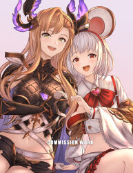  2girls :d absurdres animal_ear_hairband animal_ears arm_support armor black_shorts blonde_hair bow bow_hairband bowtie breasts brooch buttons commission double-breasted fake_animal_ears furisode_sleeves gauntlets gradient_background granblue_fantasy green_eyes grey_hair hairband head_wings heart heart_brooch heart_hands heart_hands_duo highres jewelry large_breasts layered_sleeves long_hair long_sleeves looking_at_viewer medium_hair midriff miniskirt mouse_ears multiple_girls navel pauldrons pleated_skirt ra_torens red_bow red_bowtie red_eyes shirt short_shorts shorts shoulder_armor side_part simple_background sitting skirt smile teeth tweyen_(granblue_fantasy) upper_teeth_only vikala_(granblue_fantasy) white_shirt white_skirt wide_sleeves wings 