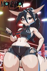  anthro astrid_(oughta) black_hair countershading felid feline fighting_ring fur grey_body grey_fur hair hand_on_hip hi_res low-angle_view lynx mammal oughta ponytail unimpressed 