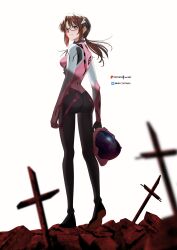  absurdres ass blue_eyes blurry blurry_foreground blush bodysuit botttomtext breasts bright_pupils brown_hair closed_mouth commentary cross evangelion:_2.0_you_can_(not)_advance female floating_hair from_behind full_body glasses hair_ornament hairclip heel_up helmet highres holding holding_unworn_helmet looking_at_viewer looking_back low_ponytail makinami_mari_illustrious mecha_pilot_suit medium_breasts neon_genesis_evangelion patreon_logo pilot_helmet pink_bodysuit pixiv_id pixiv_logo plugsuit_(evangelion) ponytail rebuild_of_evangelion red-framed_eyewear semi-rimless_eyewear shade simple_background skin_tight smile solo standing under-rim_eyewear unworn_headwear unworn_helmet white_background white_pupils 