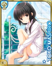  black_bow black_eyes black_hair bow card_(medium) character_name curtains female girlfriend_(kari) hairbow knee_up knees looking_at_viewer low_twintails mashiro_touko official_art on_bed qp:flapper raised_inner_eyebrows shirt shirttail sitting sleeves_past_wrists solo thighs toes twintails white_shirt window 