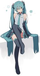  absurdres aqua_eyes aqua_hair aqua_nails aqua_necktie bare_shoulders black_skirt black_sleeves black_thighhighs boots closed_mouth collared_shirt detached_sleeves female full_body grey_shirt hair_between_eyes hashtag-only_commentary hatsune_miku headgear highres leg_up long_hair looking_at_viewer microphone nail_polish necktie number_tattoo pleated_skirt shiratakiseaice shirt shoulder_tattoo sitting skirt sleeveless sleeveless_shirt sleeves_past_wrists solo tattoo thigh_boots thighhighs twintails very_long_hair vocaloid white_background 