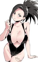  artist_name bare_shoulders bikini black_eyes black_hair black_one-piece_swimsuit boku_no_hero_academia breasts cleavage clothes_pull collarbone cropped_legs female hair_pulled_back highleg highleg_one-piece_swimsuit large_breasts long_hair looking_at_viewer navel one-piece_swimsuit one-piece_swimsuit_pull open_mouth ponytail relaxjon signature simple_background solo swimsuit thighs white_background yaoyorozu_momo 
