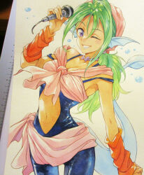  agahari arm_warmers bandana bandeau black_bodysuit blue_lips bodysuit bow bow_choker breasts choker cleavage clothing_cutout commentary_request cowboy_shot dark-skinned_female dark_skin female fins fish_girl green_hair head_fins highres holding holding_microphone juri_(yu_yu_hakusho) lipstick long_hair looking_at_viewer low_ponytail makeup medium_breasts microphone navel one_eye_closed orange_arm_warmers painting_(medium) photo_(medium) pink_bandana pink_bandeau ponytail purple_bow purple_choker purple_eyes smile solo standing stomach_cutout tail traditional_media yu_yu_hakusho 