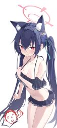  absurdres animal_ear_fluff animal_ears bare_shoulders bikini black_bikini black_hair blue_archive blue_ribbon blush breasts cat_ears cat_girl cleavage clenched_hand collarbone commentary covering_breasts covering_privates cowboy_shot crossed_bangs doodle_sensei_(blue_archive) extra_ears female frilled_bikini frills hair_between_eyes hair_intakes hair_ribbon halo halterneck hand_up highres leaning_forward long_hair medium_breasts nammmmer navel off-shoulder_bikini off_shoulder official_alternate_costume open_mouth pink_halo pink_pupils pov red_eyes ribbon sensei_(blue_archive) serika_(blue_archive) serika_(swimsuit)_(blue_archive) shy sidelocks simple_background slit_pupils solo spoken_character stomach straight_hair swimsuit thigh_gap thighs thumbs_up tsurime twintails very_long_hair wet white_background 