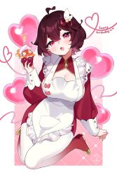  absurdres ahoge apron blush bow breasts candle cleavage colored_inner_hair cupcake dress female fingernails fish food frilled_apron frills gradient_pantyhose hair_between_eyes hair_ornament happy_birthday hayate_fish heart heart_ahoge highres holding large_breasts long_sleeves looking_at_viewer medium_hair multicolored_hair nail_polish open_mouth original pantyhose pink_background pink_bow pink_dress pink_eyes pink_hair pink_nails pink_shoes self-portrait shoes short_eyebrows sitting smile solo thighs two-tone_hair virtual_youtuber wariza white_apron white_background white_pantyhose wing_hair_ornament 