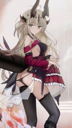  462vvv ahoge arknights ass asymmetrical_legwear bare_shoulders black_nails black_panties black_tail blonde_hair breasts brown_horns closed_mouth commentary detached_sleeves dressing feet_out_of_frame female fingernails frilled_skirt frills green_eyes highres horns layered_skirt looking_at_viewer medium_breasts nail_polish panties pink_skirt pink_sleeves plaid_clothes plaid_skirt plaid_sleeves pouch reed_(arknights) sideboob single_leg_pantyhose single_thighhigh skirt solo standing tail thighhighs torn_clothes torn_panties underwear uneven_legwear 