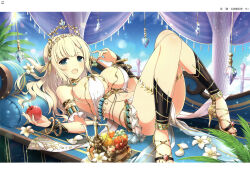  :d absurdres ancient_greek_clothes aqua_eyes blonde_hair breasts cleavage column crown female food fruit greco-roman_clothes hair_ornament high_heels highres holding holding_food holding_fruit indoors large_breasts light_blush looking_at_viewer lying magazine_scan navel non-web_source official_alternate_costume official_art on_back open_mouth petals pillar sandals scan senran_kagura senran_kagura_new_link smile solo sun sunlight tiara yomi_(senran_kagura) 