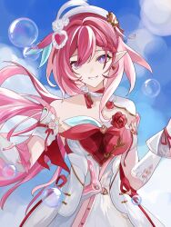  absurdres blue_sky breasts bubble diamond-shaped_pupils diamond_(shape) dress earrings elf elysia_(hi_love_elf)_(honkai_impact) elysia_(honkai_impact) female heart heart_earrings highres honkai_(series) honkai_impact_3rd jewelry large_breasts long_hair looking_at_viewer multicolored_hair pink_hair pointy_ears purple_eyes qianzao_a_nong_yi_dongbudong red_dress sky solo symbol-shaped_pupils two-tone_dress two-tone_hair very_long_hair white_dress white_hair 