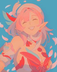  bare_shoulders beret blue_sky breasts cleavage commentary dress earrings elf elysia_(hi_love_elf)_(honkai_impact) elysia_(honkai_impact) english_commentary falling_petals female hat heart heart_earrings highres honkai_(series) honkai_impact_3rd jewelry large_breasts mararu multicolored_hair petals pink_hair pointy_ears red_dress short_hair sky smile solo two-tone_hair upper_body white_hair 