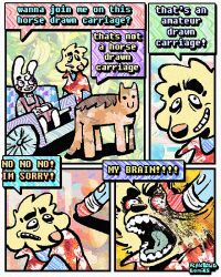  4_panel_comic aloha_shirt anthro bingus_(rawdawgcomics) bird_dog bow_tie breaking_the_fourth_wall brown_body brown_fur brown_hair canid canine canis carriage cheek_spots clothing domestic_dog dot_eyes equid equine eraser erasing feral fur golden_retriever hair hi_res horse hunting_dog lagomorph leporid male mammal overalls pattern_clothing pattern_shirt pattern_topwear rabbit rawdawgcomics retriever shirt simple_eyes smile smirk smug smug_face smug_grin stahli_(rawdawgcomics) teeth tooth_gap topwear white_body white_fur wide_eyed yellow_body yellow_fur 
