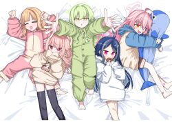  black_thighhighs blonde_hair blue_archive blue_eyes blue_hair fubuki_(blue_archive) green_hair green_pajamas heterochromia hikari_(blue_archive) hoshino_(blue_archive) momoi_(blue_archive) multicolored_hair natsu_(blue_archive) ookii_tsukemono pajamas pink_eyes pink_hair pink_pajamas red_eyes thighhighs thighs two-tone_hair yellow_eyes 