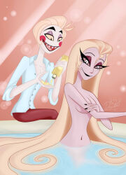  angel bath bathing breasts clothed clothed_male clothing demon duo fallen_angel female hazbin_hotel hellaverse hi_res humanoid lilith_magne_(hazbin_hotel) lucifer_morningstar male male/female navel nude nude_female princesadragoniana 