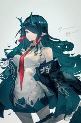  arknights bare_shoulders beads black_hair black_jacket breast_suppress cleavage_cutout clothing_cutout collared_dress colored_extremities commentary_request cowboy_shot dragon_girl dragon_horns dress dusk_(arknights) earrings female grey_background grey_dress hair_over_one_eye highres horns jacket jewelry long_hair m93r_rei muted_color necktie off_shoulder one_eye_covered partial_commentary pointy_ears red_eyes red_necktie simple_background sleeveless sleeveless_dress solo standing 
