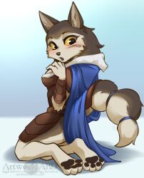  abluedeer accessory anthro armello armor black_nose black_pawpads blush breasts canid canine canis cape clothing female furgonomics hi_res league_of_geeks looking_back mammal pawpads river_(armello) solo tail tail_accessory tailband wolf yellow_eyes 