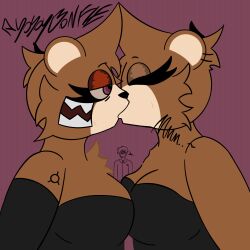  absurd_res anthro arm_tattoo background_character bear black_clothing black_dress brown_body brown_fur cheek_bulge clothing confinement_(series) connor_cornwall dress dropout_bear duo female female/female french_kissing fur graduation_(album) hi_res kanye_west kissing mammal tattoo yosoybonfie 