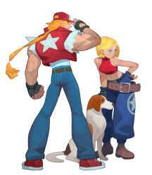 1boy baseball_cap blonde_hair blue_eyes blue_mary canine commentary crop_top denim english_commentary fatal_fury fatal_fury_cap female fingerless_gloves fl_(l-fl) gloves hat highres jeans long_hair midriff pants ponytail short_hair simple_background sleeveless terry_bogard white_background 