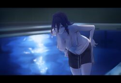  absurdres black_shorts blue_eyes blue_hair bra breasts chainsaw_man closed_mouth daaku_(koizumi_arata) female hair_between_eyes hanging_breasts hashtag-only_commentary highres hololive hololive_english huge_breasts night ouro_kronii outdoors panties pool scene_reference shorts smile solo underwear undressing virtual_youtuber white_bra white_panties 